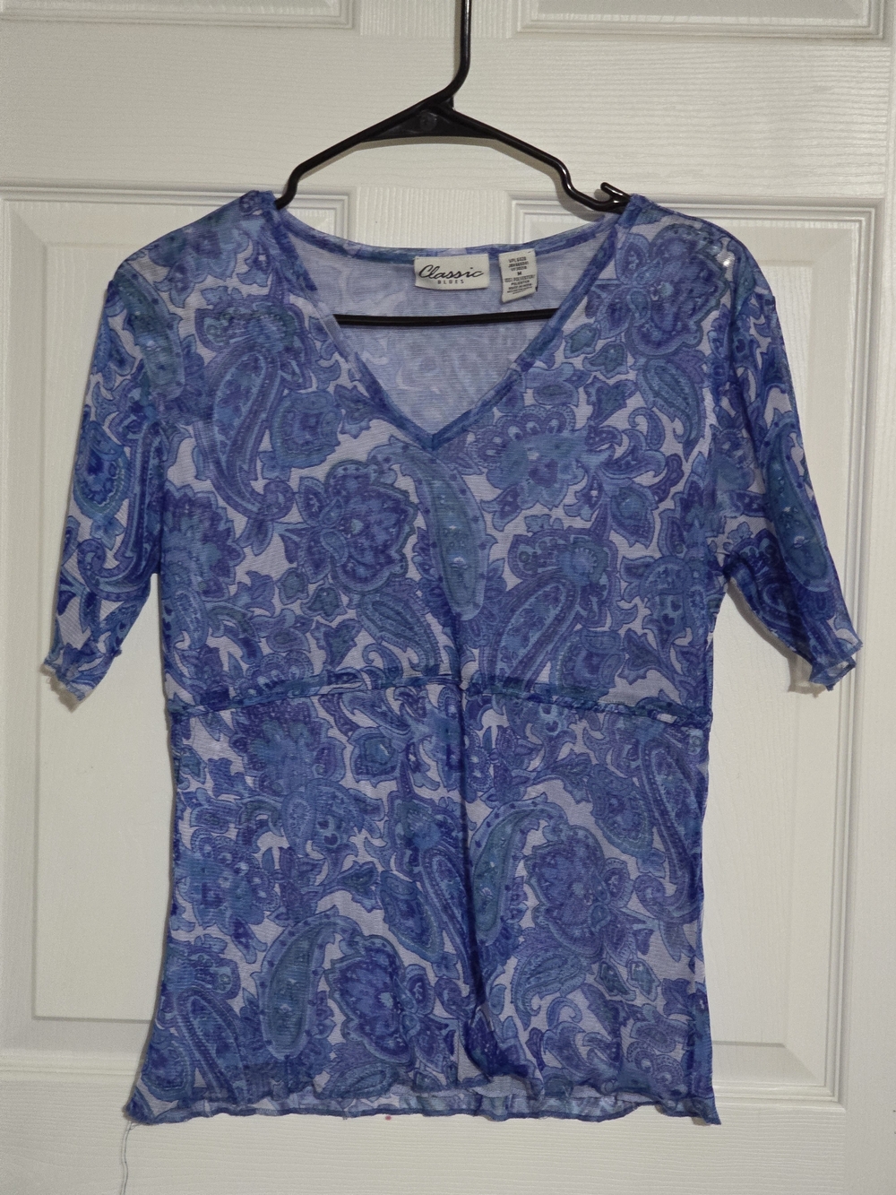 Classic Blue Purple Paisley V-Neck Short Sleeve Top
